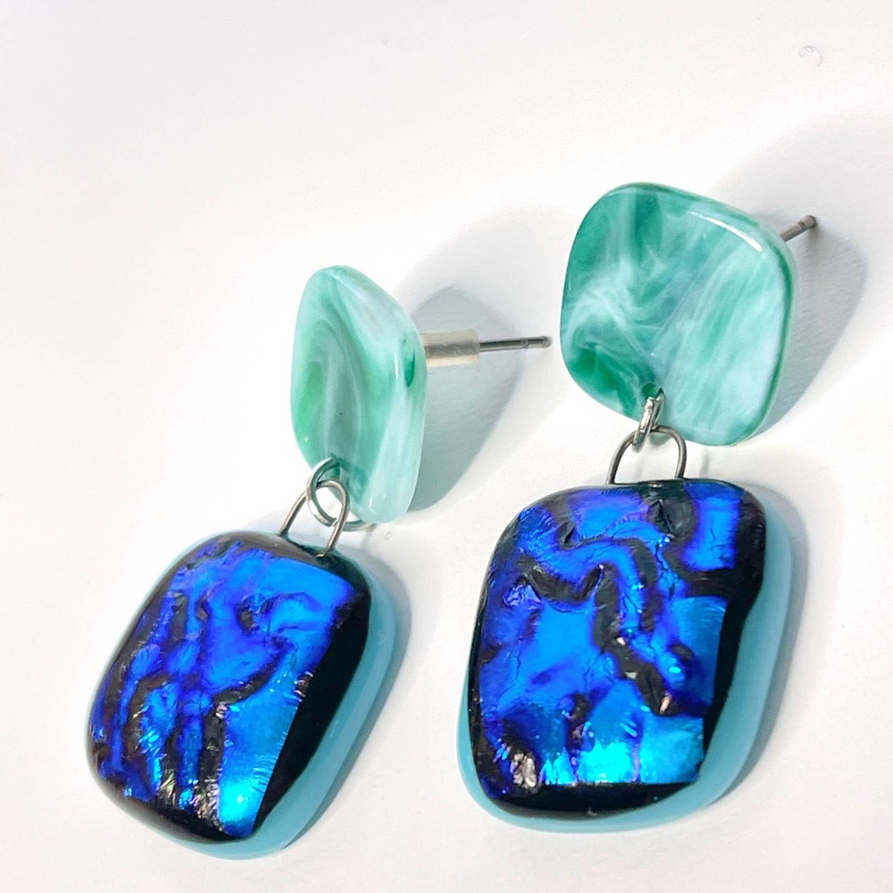 Blue Dichroic Murano Glass Drop Dangle Round Earrings Silver Mermaidcore Galaxy